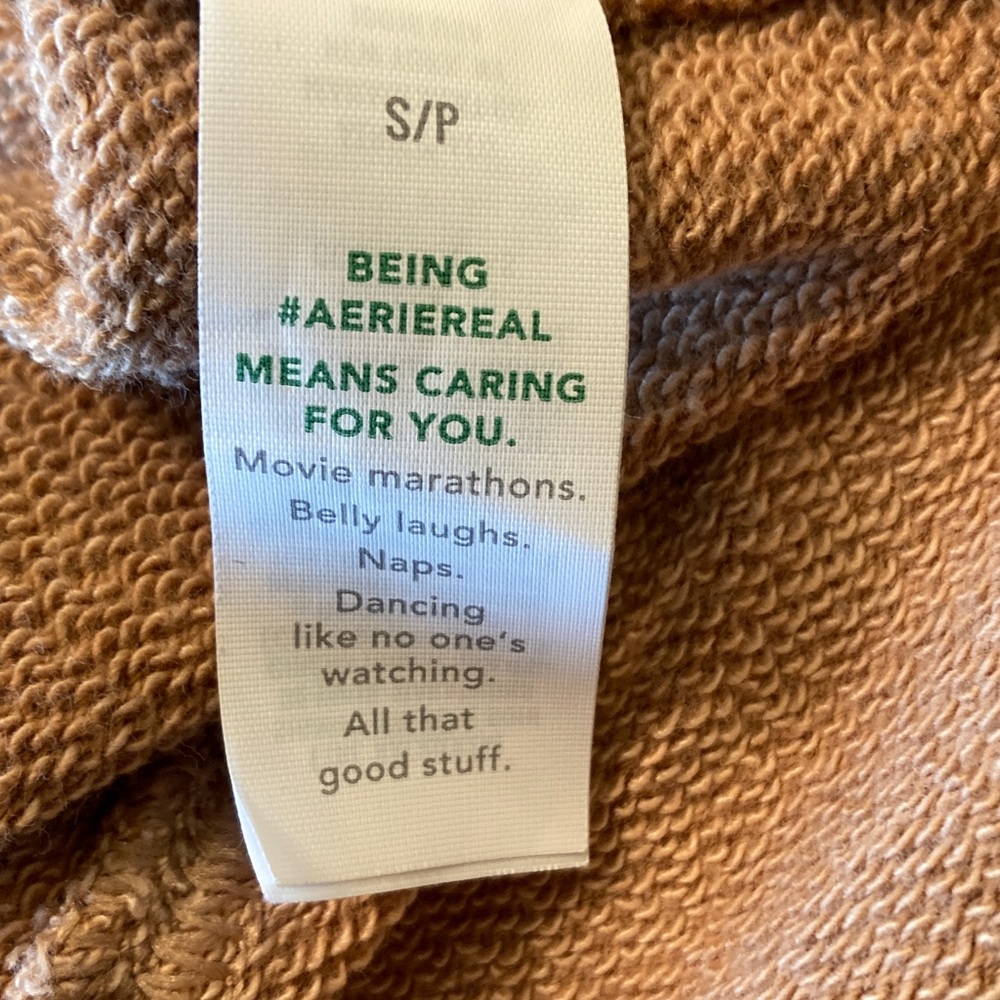 Aerie Distressed Oversized Popover Collared V-neck Tan Sweatshirt Women Size S - Picture 4 of 11